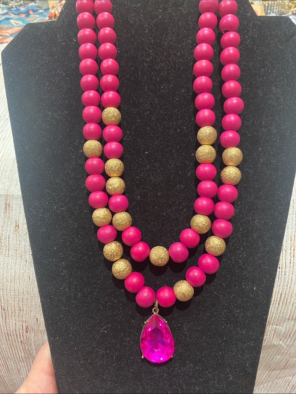 Hot Pink Beaded Necklace with Gold Accents and Pink Teardrop Pendant